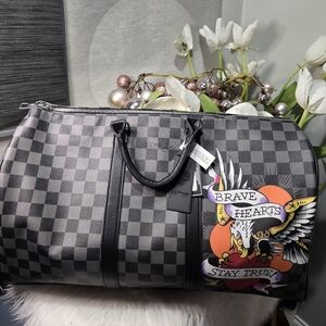 Ed Hardy Checkered Black and Gray Duffel Bag with Graphic Design New